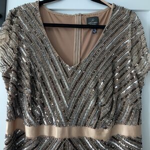 Adrianna Papell Gold-Beaded V-Neck Evening Dress